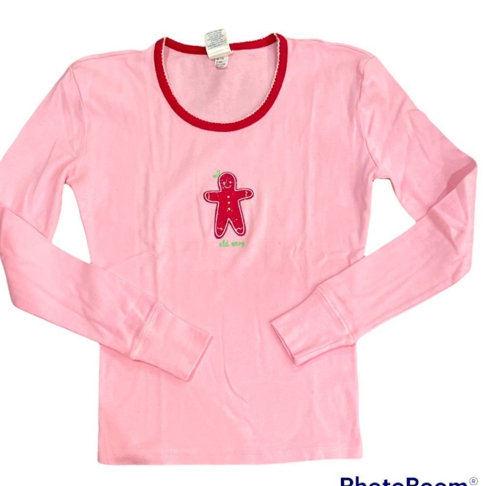 NWOT OLD NAVY Size 16 Pink Long Sleeve Tee w/Burgundy Glittered Gingerbread Man